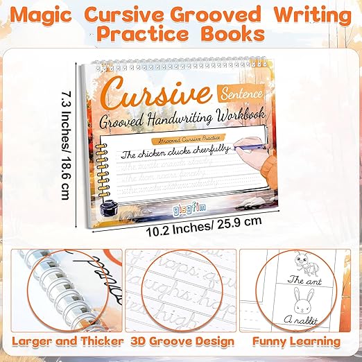 gisgfim Grooved Cursive Handwriting Workbook Magic Reusable Grooved Cursive Handwriting Practice Guided Tracing with Disappearing Ink Pens for Beginners Kids Learning Activities Supplies (Sentence)