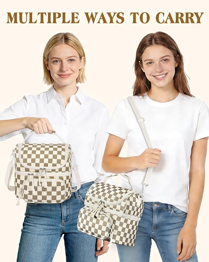 HowFly Lunch Bag for Women Insulated Lunch Boxes Corduroy Resuable Lunch Box for Girls Teens Kigs Boys Portable Thermal Cooler Bags for School Work, Khaki Checkered