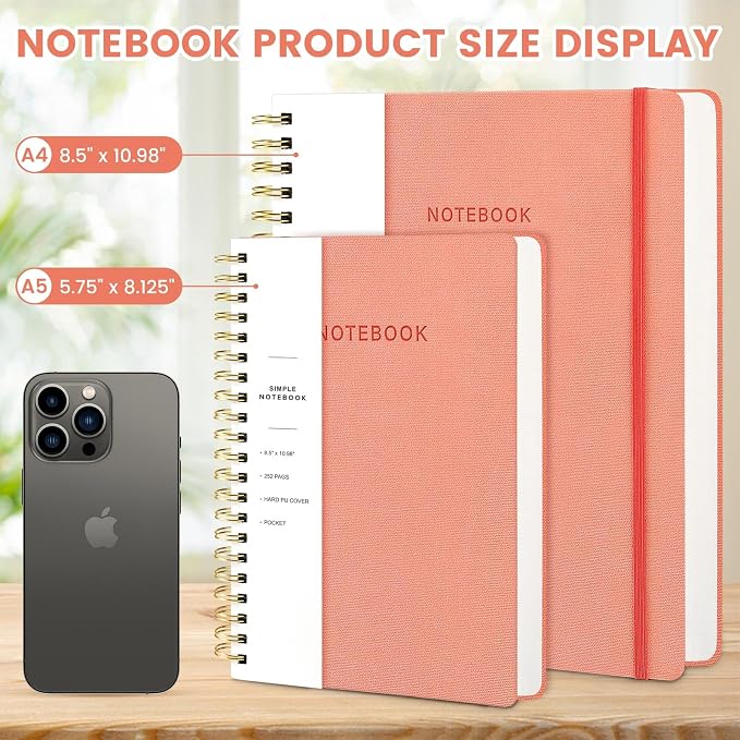 Spiral Notebook - 8.5 x 10.98 Inch Large Hard Cover Notebook with Elastic Band & Pocket, 180 Pages, Lay Flat Wirebound Journal for Work, School, Planning & Note Taking Pink