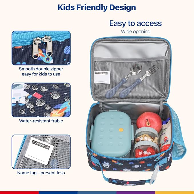 Bagseri Kids Lunch Bag Boys - Thermal Insulated Lunch Box Tote with Water Bottle Holder, Reusable Leak-Proof Kids Lunch Box for Daycare & School, Dark Blue Space Astronaut (Containers Not Included)