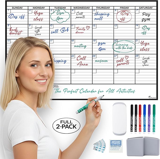 (2 PK) Small Dry Erase Calendar for Wall, 17x26, Small Wall Calendar Dry Erase, White Board for Office, Home & School, Erasable Whiteboard, Monthly Undated Reusable White Board Planner