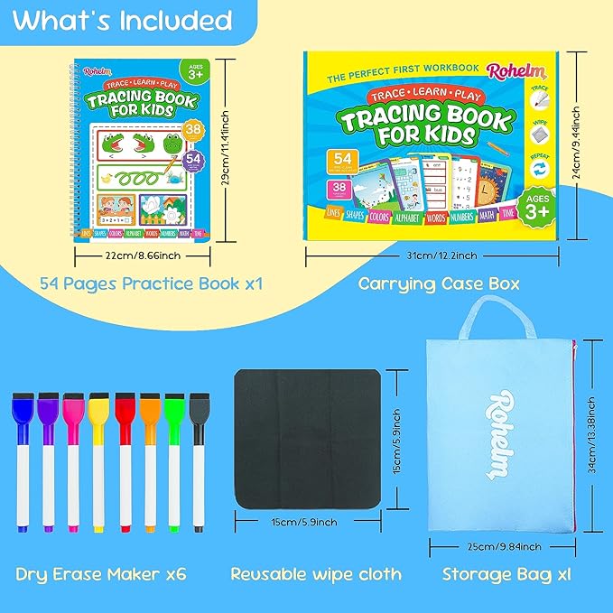 Preschool Learning Activities, Tracing Books for Kids 3+, 54 Reusable Toddler Learning Activities Book, Toddler Handwriting Practice, Montessori Travel Educational Toys, Gifts for Kids Ages 3+