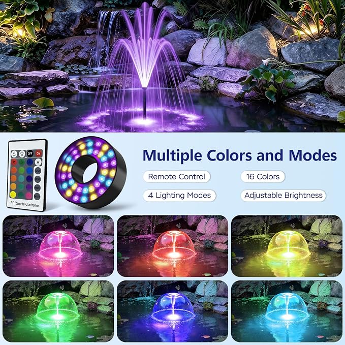 Pond Fountain Pump Kit, 880GPH Submersible Water Pump with Remote Control LED Lights, 3 Spray Patterns, Adjustable Flow, Quiet Operation, for Pond, Garden, Backyard Water Feature