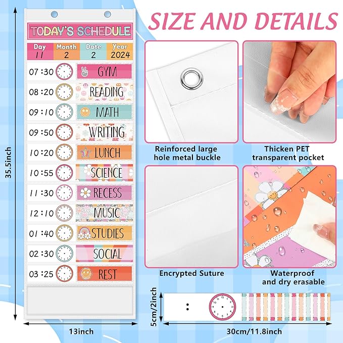 JarThenaAMCS Groovy Daily Schedule Pocket Chart 13 x 35.5 Inch Boho 13 + 1 Pockets Visual Schedule Chart Board with 24 Cards for School Classroom Home Office Supplies