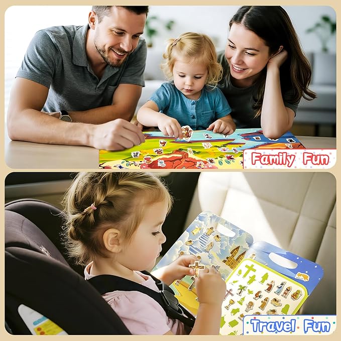 Reusable Sticker Books for Toddlers 1-3, Puffy Stickers Book for Kids Ages 2-4, Toddler Travel Activities Book Toy for Birthday Christmas - Christianity Jesus, Noah's Ark, Fairy Tales(3 Set)