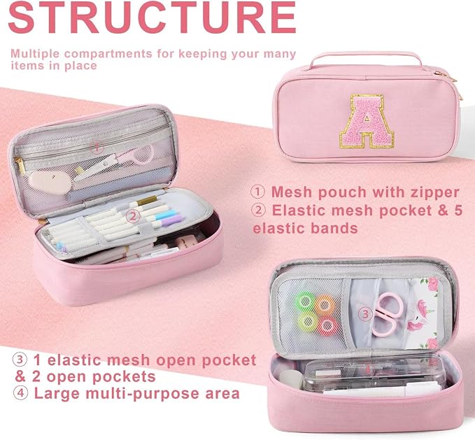 YOOLIFE Pencil Case for Girls, Cute Pencil Pouch Pen Case, Large Capacity Aesthetic School Supplies for Teen Girls, H (Pink)