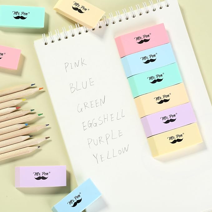 Mr. Pen- Pencil Eraser, 12 Pack, Pastel Colors