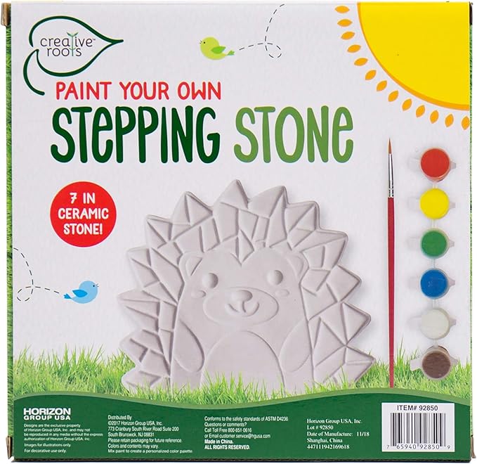Creative Roots Mosaic Hedgehog Stepping Stone, Includes 7-Inch Ceramic Stone & 6 Vibrant Paints, DIY Garden Stepping Stone Kit for Kids Ages 6+