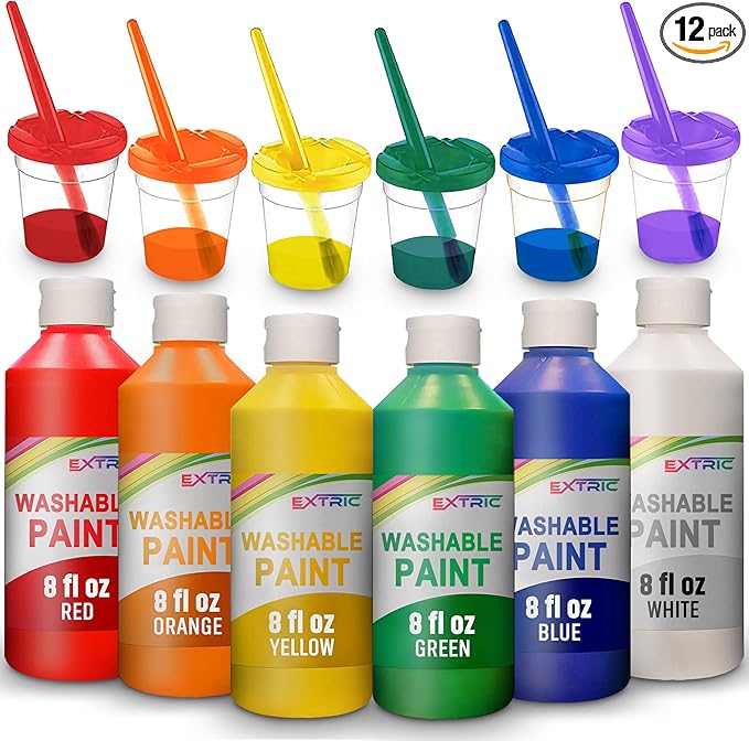 EXTRIC Washable Paint for Kids, (6 Colors of 8 oz) Kids Tempera Paint 6 Paint Cups & 6 Brushes Non-Toxic Mess-Free Finger Painting for toddlers & Kids, Art Supplies