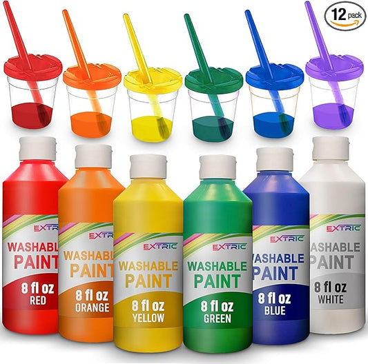 EXTRIC Washable Paint for Kids, (6 Colors of 8 oz) Kids Tempera Paint 6 Paint Cups & 6 Brushes Non-Toxic Mess-Free Finger Painting for toddlers & Kids, Art Supplies