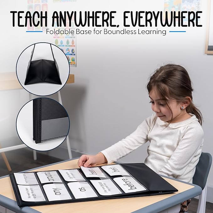 Essex Wares – 1 Pack - 13" Wide x 17" Tall Tabletop Pocket Chart, Black - Double Sided with 5 Straps Each- Ultra-Durable Pocket Chart Stand for Classroom - Easy to Use, Reusable & Foldable