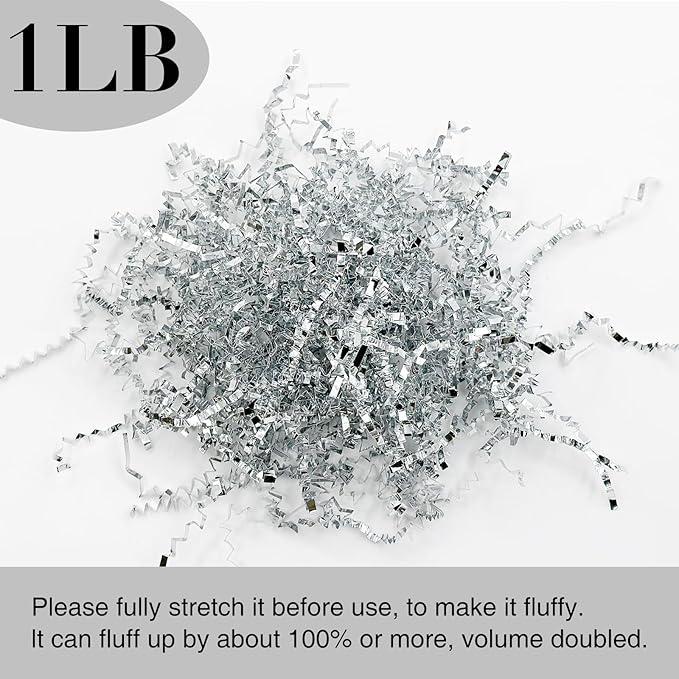 1LB Crinkle Cut Paper Shred Filler for Gift Box Bag and Basket On Holidays(Silvery)