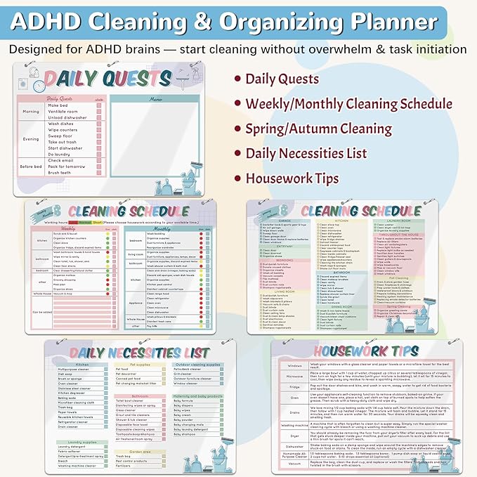 Cleaning Planner for Adults – Low-Overwhelm Reusable Cleaning Schedule and Checklist, Magnetic Visual Chore Chart for Fridge to Build Cleaning Habits ADHD Cleaning and Organizing Planner - 8.3" x 11.7"