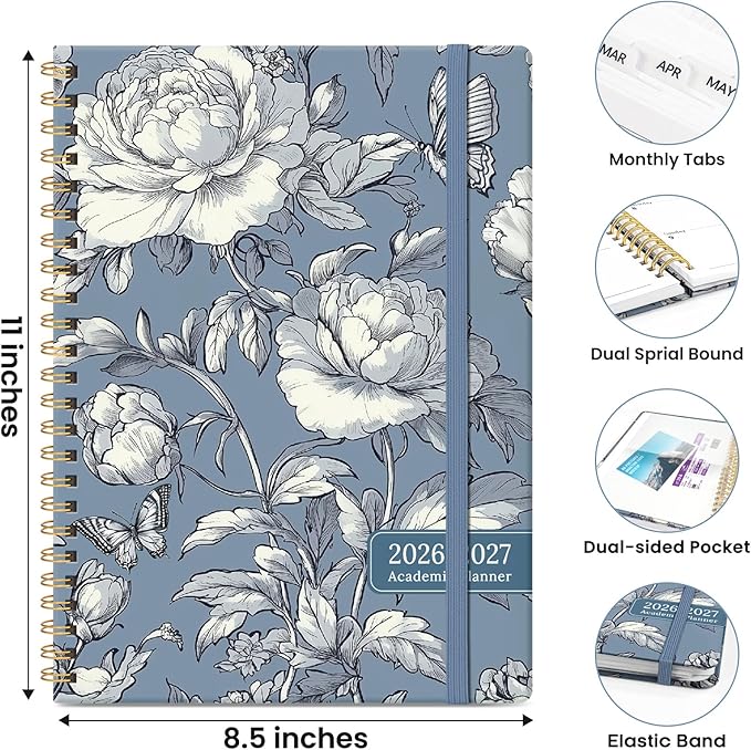 Planner 2026-2027, Hardcover Monthly and Weekly Academic Planner July 2026 - June 2027, Teacher and Student Calendar Agenda Book with Tabs, A4 (8.5" x 11"), Ideal for School and Office, Butterfly Peony