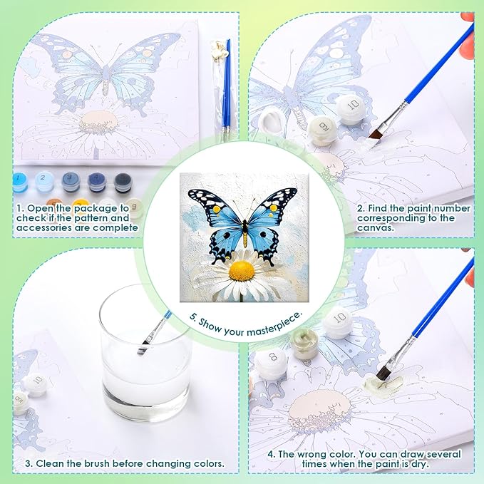 RoundFunny 8 Set Paint by Numbers Kit for Adults with 8x8 Inch Mini Simple Painting Canvas Wooden Frame Easel Acrylic Paints Brushes Funny Numbers Drawing Kit for Gift Home Wall Decor(Classic Flutter)