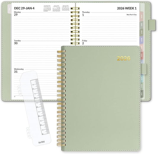 SUNEE 2026 Weekly & Monthly Planner 6.2"x8.5"- 12 Month (January 2026 - December 2026), Vegan Leather Cover, Pocket, Bookmark, Notes, Monthly Tab, Sage Green