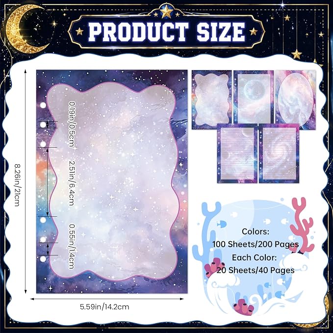 100 Sheets Galaxy A5 Planner Inserts - 120GSM Thick Starry Sky Refill Paper for A5 6-Ring Binder, Outer Space 6 Hole Loose Leaf Sheets for Journal Diary Notebook Budget Creative Planning