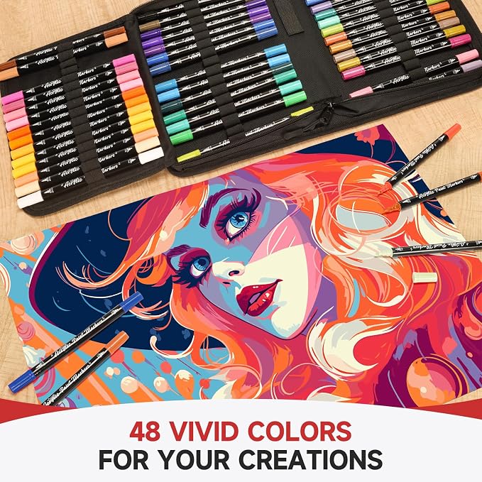 Acrylic Paint Markers, 48 Color Dual Tip Acrylic Paint Pens with Brush and Fine Tips for Rock Painting,Wood,Canvas,Ceramic,Card Making,Vibrant Color Ideal for Artists, Crafters & DIY Projects