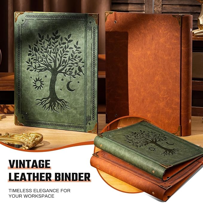 Ovesmusl PU Leather 3 Ring Binder Fits 8.5"x11" Letter Size Paper, 1.5 Inch Round Ring Binder Holds 350 Sheets, Notepad Paper Cover Loose Leaf Organizer, Brown Tree
