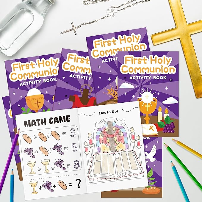 JAPBOR First Holy Communion Coloring Books - 24PCS Mini Christian Activity Color Books Bulk for Kids Party Favor, Religious Jesus Cross DIY Small Colouring Pages for Birthday Gift Class Painting Game