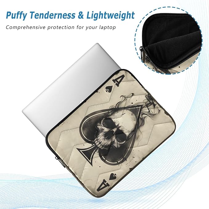 Ace of Spades Skull Laptop Sleeve Case Quilted Slim Bag with Smooth Zipper, Fits MacBook Pro/Air and 13-16 Inch Laptops, Protective Lightweight Office and Travel Briefcase