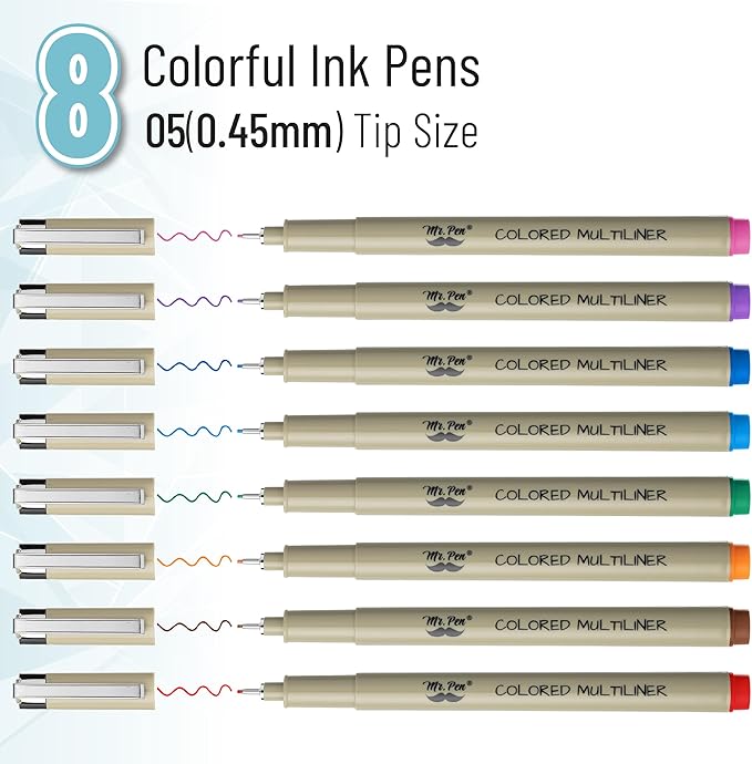 Mr. Pen- 0.45mm Micro Fine Point Pens, 8 Pack, Colorful Ink, Waterproof, Acid-Free, No-Smear Quick-Dry Fineliner Pens for Drawing, Sketching, Bible Journaling, Outlines & Everyday Writing