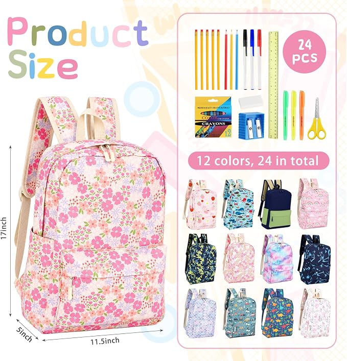 17'' Backpacks Bulk with Supplies Stationery Kits, Printed Bookbags and Writing Accessories Kit for Donation(Cute,12 Pack)