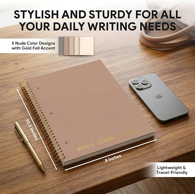 Decorably 5-Pack 140 Pages Gold Foiled Spiral Note Books College Ruled, 8x10.5in Spring Bound, 3-Hole Punched and Easy Tear-Off Perforated Design, Lined Pages - Work, School, Office