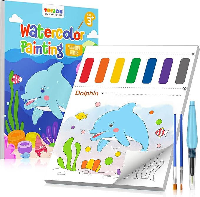 TECJOE Paint with Water Coloring Books for Toddlers, Marine Animal Series Watercolor Set with 3 Brushes, Mess Free Painting Activity for Kids Ages 4 5 6 7 8, Arts & Crafts Toy