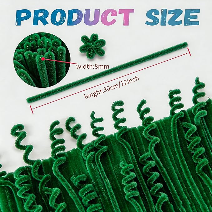 VZF Green Pipe Cleaners,200pcs Chenille Stems,Craft Pipe Cleaners,Green Chenille Stems,Set of Bulk Craft Supplies for DIY Flowers,Arts,Crafts,Decorations,Toys for Ages 5-7