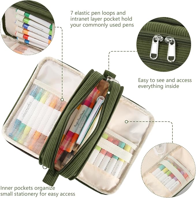Corduroy Pencil Case, Large Capacity Pencil Pouch with 4 Compartments, Cute Soft Aesthetic Stationery Pen Bag Organizer with Zipper, Portable School Supplies for Teen and Adult Girls, Olive Green