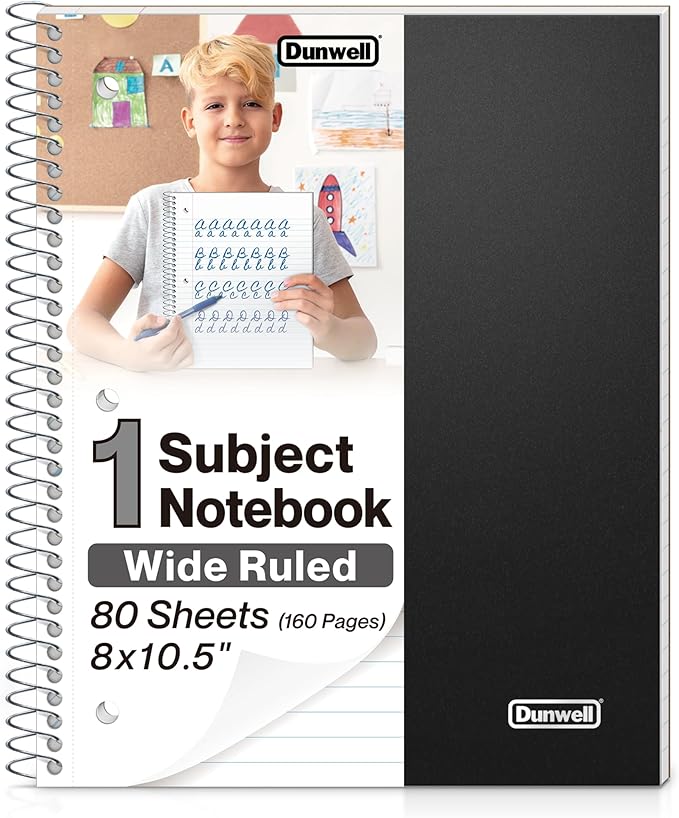 Dunwell 1 Subject Notebook, Plastic Cover, 80 Sheets, Spiral Notebook, Wide Ruled 8x10.5 Paper, 3-Hole Punched Tear-Off Pages, Divider with Pockets