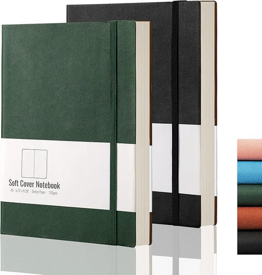 AHGXG Dotted Grid Journal 2 Pack - A5 Dot Grid Notebook Softcover, Medium 5.75'' × 8.38'', 320 Numbered Pages, 120gsm Thick Dotted Paper, Soft Leather Cover (Black Green)