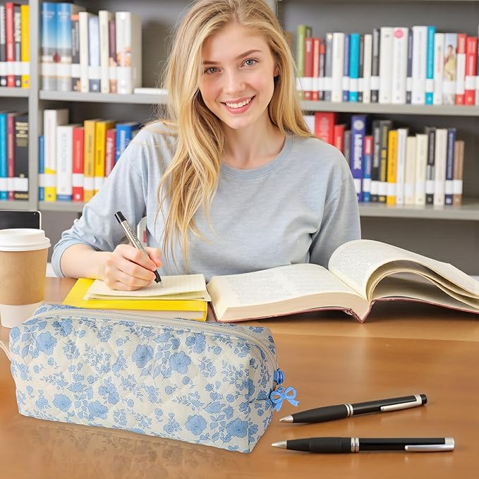 Cute Quilted Pencil Case for Girls Women, Aesthetic Small Floral Pencil Pouch,Slim Soft Pencil Bag for School Supplies Makeup Pouch for School & Daily Use (blue floral)