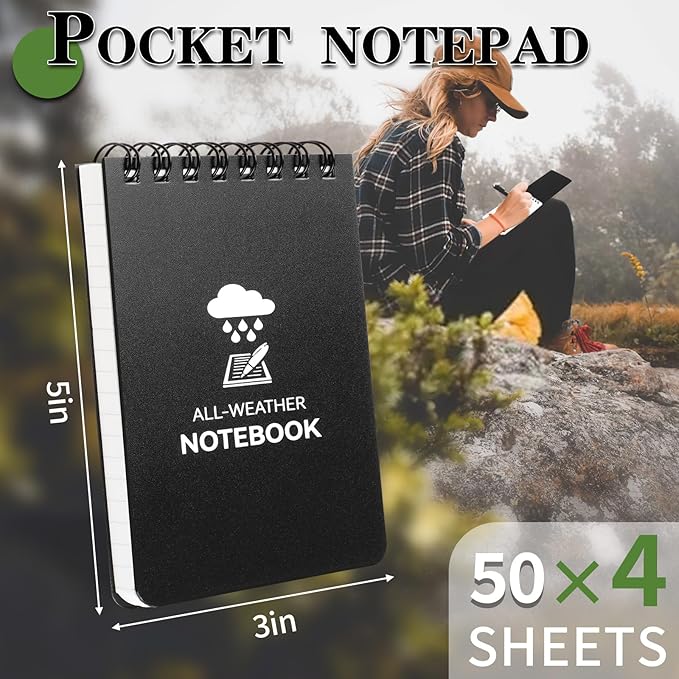 COIDEA Waterproof Notebook, 4 Pack Top-Spiral Pocket Notepad, 3" x 5" Weatherproof NotePad, All Weather Police Pocket Notebook Little Memo Steno Note Pads for Outdoor Office School Recording, Black