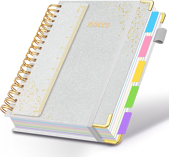 Hardcover Spiral Notebook with Removable Dividers & Tabs, 8.5"x11" 5 Subject Notebooks for Work, 300 Pages College Ruled Notebook, A4 Sparkle Lined Journal for Women Girls Note-Taking (Silver)