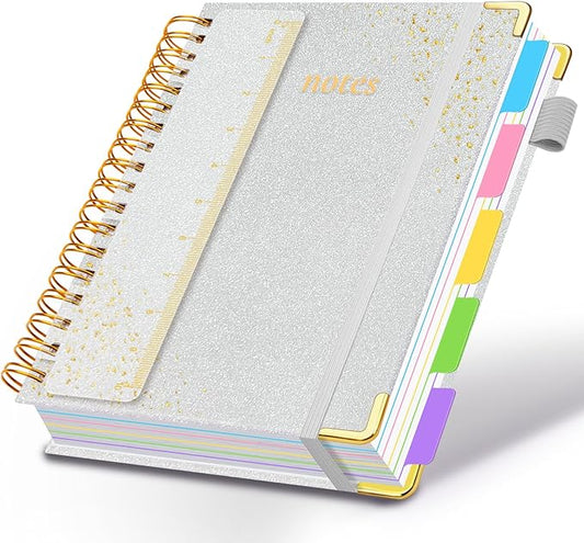Hardcover Spiral Notebook with Removable Dividers & Tabs, 8.5"x11" 5 Subject Notebooks for Work, 300 Pages College Ruled Notebook, A4 Sparkle Lined Journal for Women Girls Note-Taking (Silver)