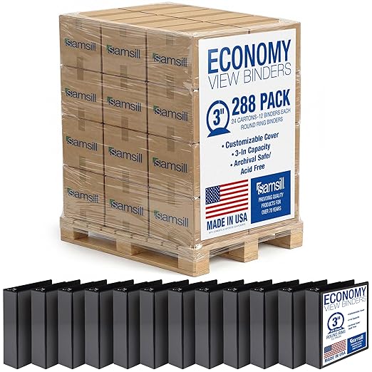 Samsill Economy 3 Inch 3 Ring Binder Bulk Pallet, Round Ring Binder, Customizable Clear View Cover, Black, Pallet of 288 Binders in 24 Cartons