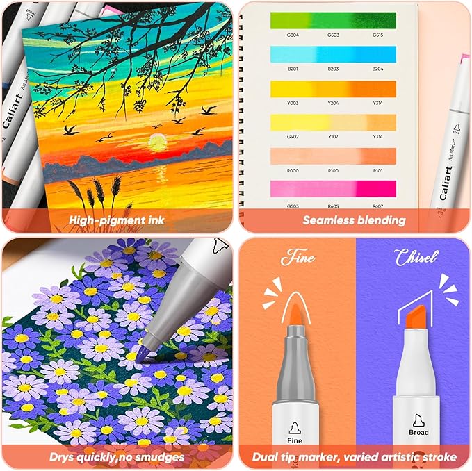 Caliart 41 Colors Alcohol Markers Dual Tip Fine & Chisel, Based Art Markers Permanent Pens for Adults Coloring Books, Artists Drawing Sketch Illustration Highlighting, Art Supplies with Storage Case