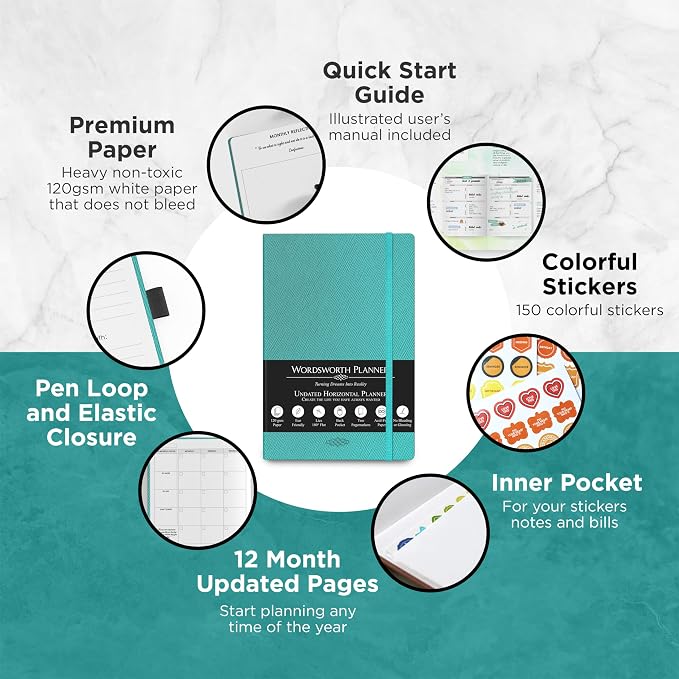 Wordsworth & Black A5 Undated Weekly, Monthly Planner, A5 Paper, Turquoise