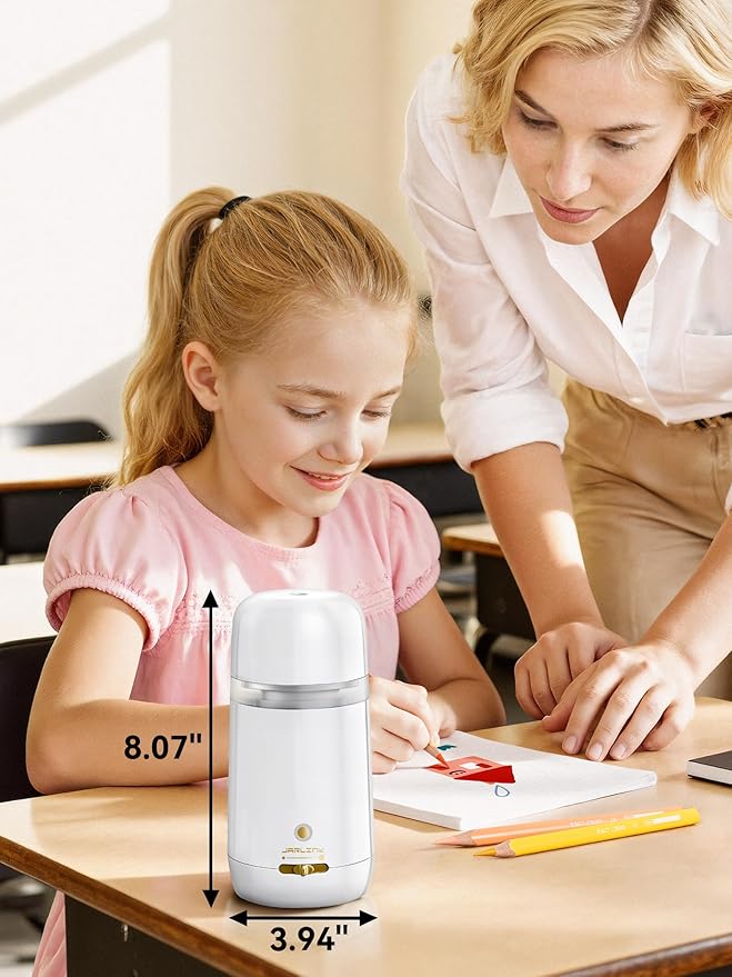 JARLINK Automatic Electric Pencil Sharpener - Hands-Free Operation, 3 Sharpness Modes, 3-Second Sharpening, Rechargeable & Portable for 7-12mm Pencils, Ideal for Classroom and Home Use (White)