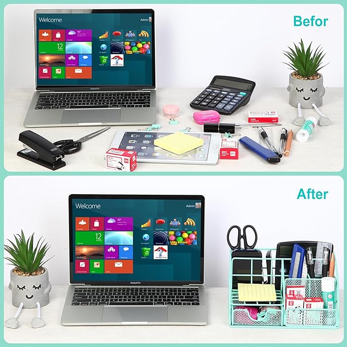 KAAKOW Green Desk Organizers and Accessories Office Supplies Set Stapler, Pen Holder, Phone Holder, Scissors, Pen, Ruler, 30 Paper Clips, 22 Binder Clip, 20 Tacks and 1000pcs Staples