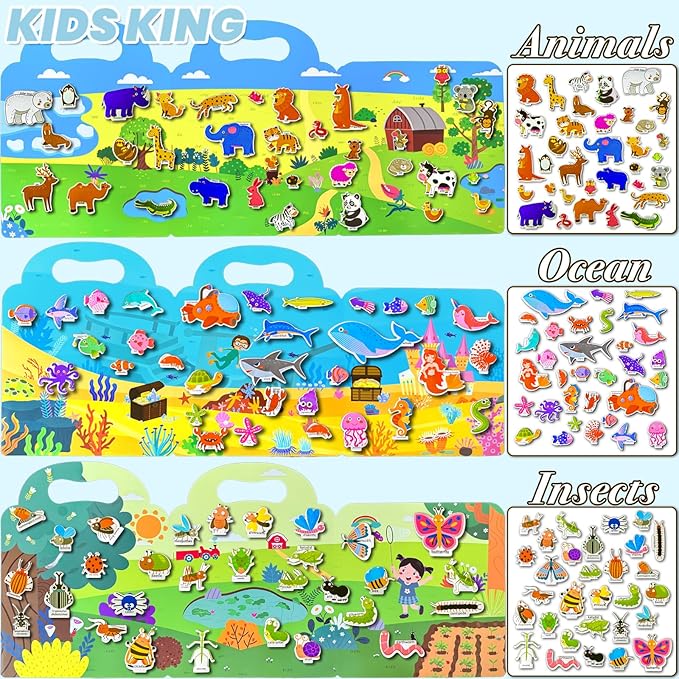 Reusable Sticker Books for Toddlers 1-3, Puffy Stickers Book for Kids Ages 2-4, Toddler Travel Essential Activities Toys for Boys Girls Birthday Christmas - Animal, Ocean and Insect (3 Set)