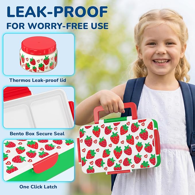 Bento Lunch Box for Kids–3 Compartment Leak Proof Insulated Lunch Container | Strawberry Design Lunch Box-With 12oz Stainless Steel Food Soup Jar & Built-in Ice Pack Bento Box for Boy Girls School Travel