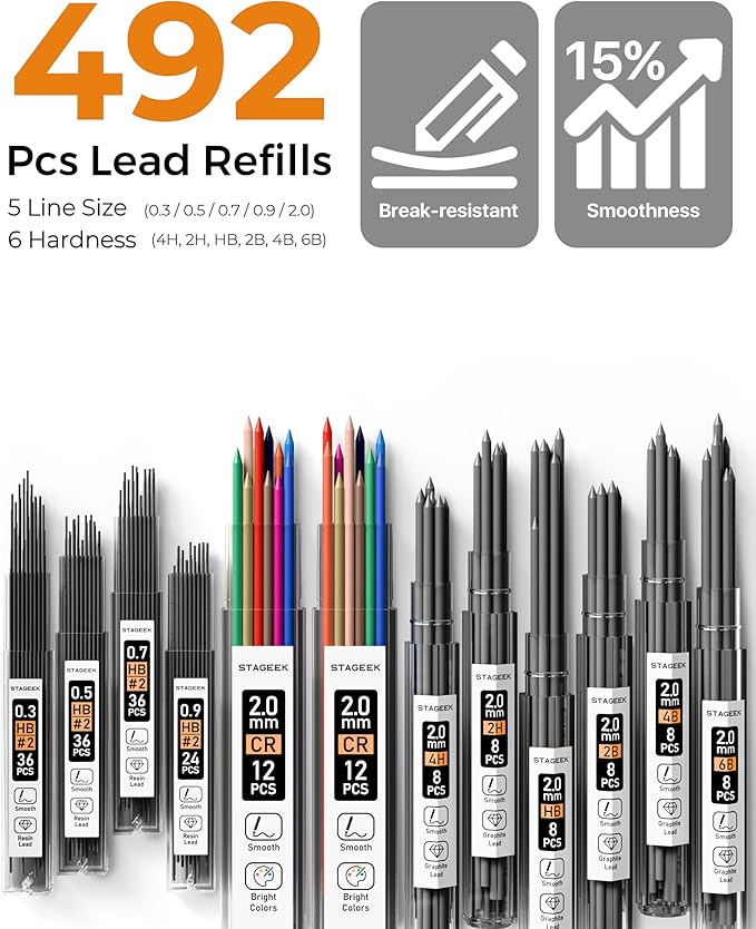 STAGEEK Mechanical Pencil Set with Case 37 Count, Drawing Pencils 0.3, 0.5, 0.7, 0.9MM & 2PCS 2MM Sketching Pencils with 492PCS Lead Refills (6B 4B 2B HB 2H 4H Color) for Artist Drafting Drawing