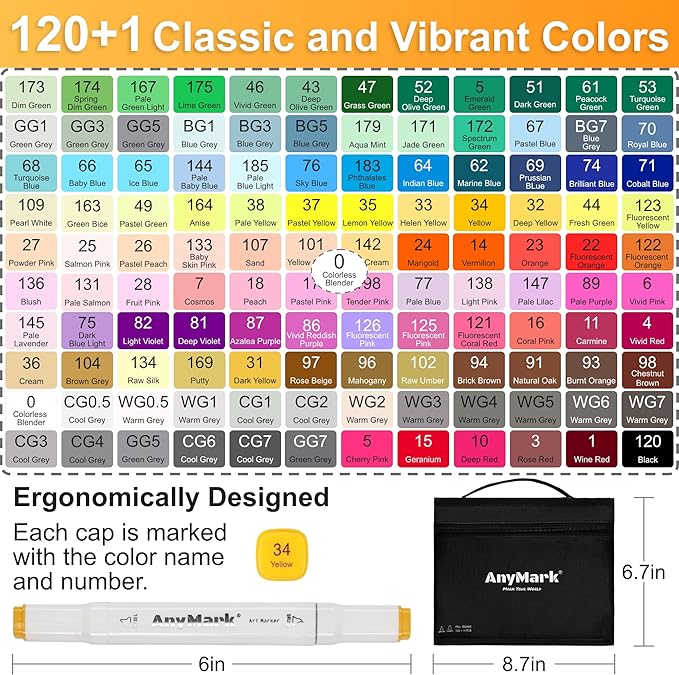 AnyMark Alcohol Markers Brush Tip, 120+1 Colors Dual Tip Brush & Chisel Alcohol-Based Art Markers Set with Case for Adult Artists Drawing Coloring