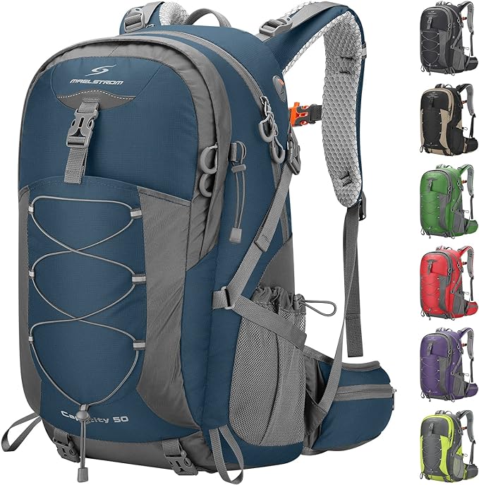 Maelstrom 50L Hiking Backpack, Lightweight Camping Daypack with Rain Cover | Water-Resistant Rip-Stop Nylon, Wet/Dry Separation, Multi-Pockets, Survival Whistle. Ideal For Men, Women, Travel, Trekking