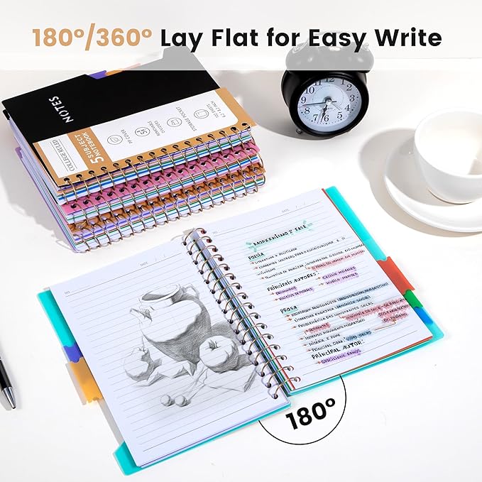 CAGIE Small Spiral Notebooks with Removable Dividers Tabs, 5 Subject Notebook College Ruled 6''×8'', A5 Notebooks for School Work with Plastic Cover, Back Pocket, Spiral Bound, Black