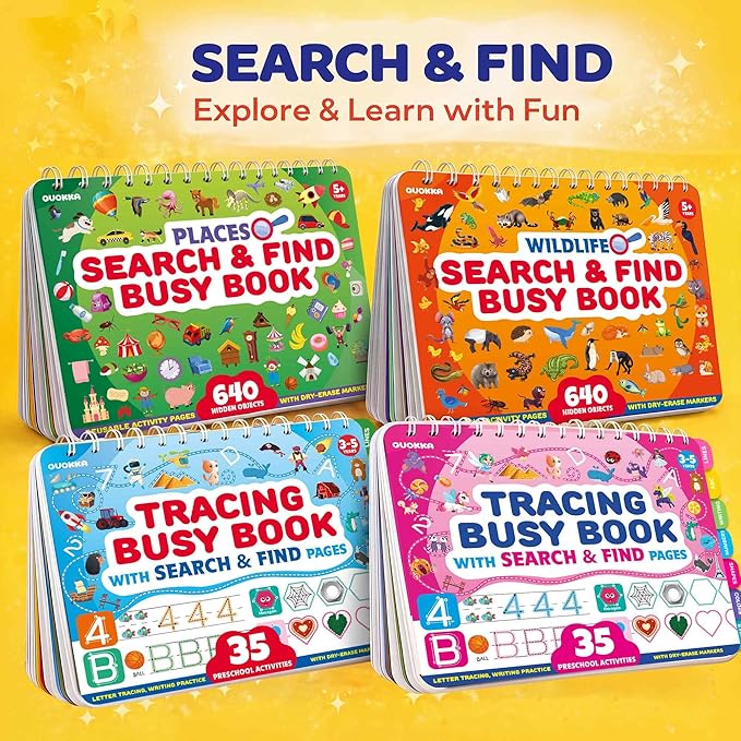QUOKKA Busy Book for Toddlers 3-5 – Fantasy Search and Find Activity Pad - Toddler Dry Erase Learning Workbook with Markers for Travel Quiet Time