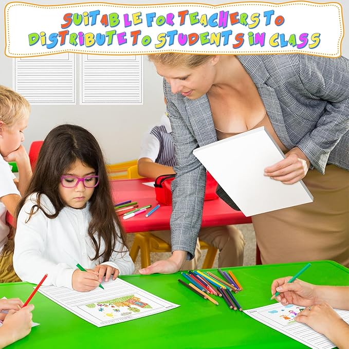 50 Sheets Writing Beginner Paper for Kids Create Story, 8.5"x11" Handwriting Paper Bulk with Picture Space and Lines DIY Craft Writing Kit for Kids Journal Activity, Back to School Gifts